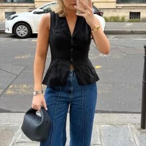 Reformation | Oakley‎ Peplum Collared Fitted Vest with Velvet Buttons in Black